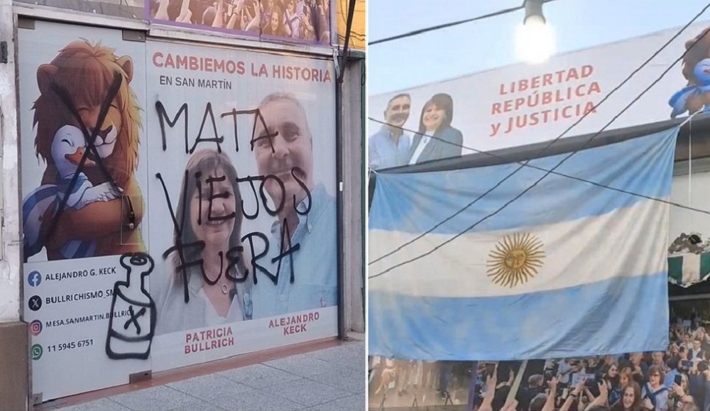 Mata viejos, fuera: Pintadas en un local de Patricia Bullrich en San Martín