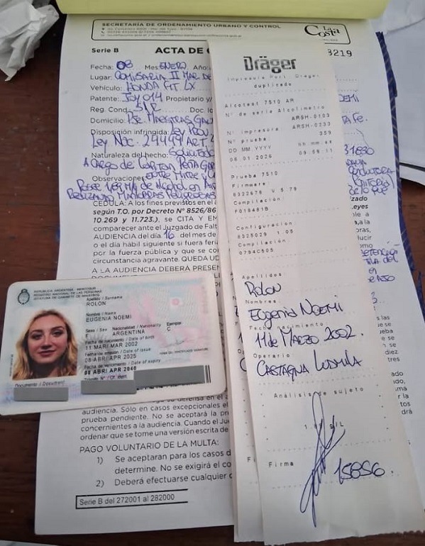 La Libertaria Eugenia Rolón se estrello ebria contra un poste, Provincia la inhabilito para tramitar la licencia