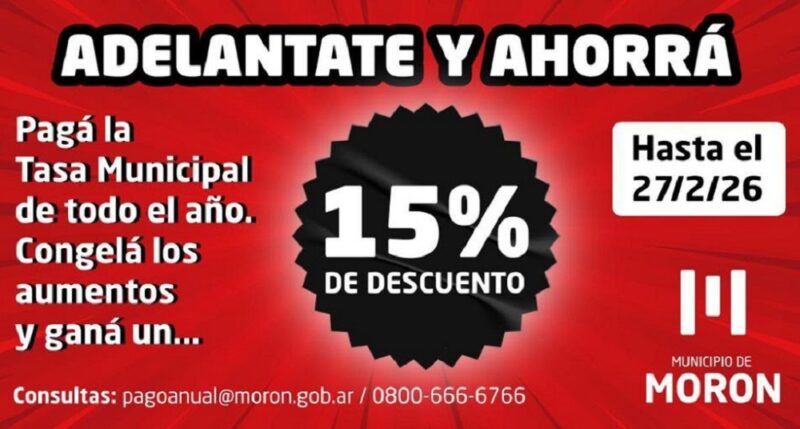 Morón descuento del 15% a quienes realicen el pago anual de las Tasas Municipales