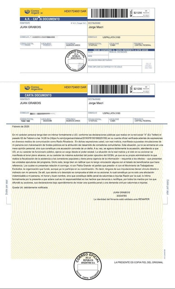 Grabois: Acusar con malicia y sin pruebas es delito: Macri es un delincuente y lo va a pagar