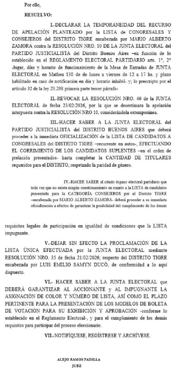 Zamora tendrá lista en el PJ, la justicia ordeno oficializar la lista