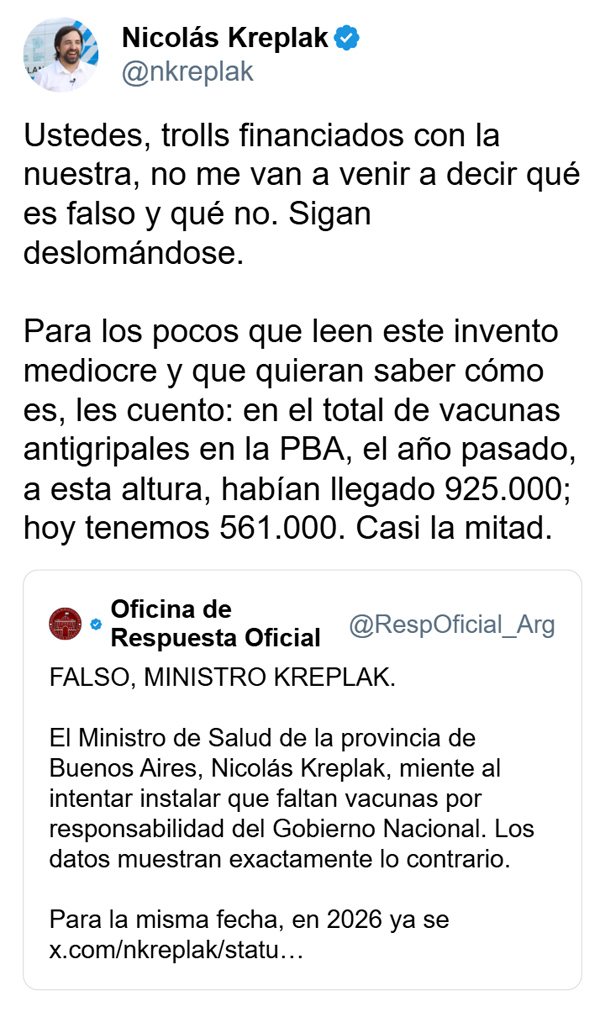 Cruce entre El ministro Kreplak y Nación por falta de vacunas contra la gripe