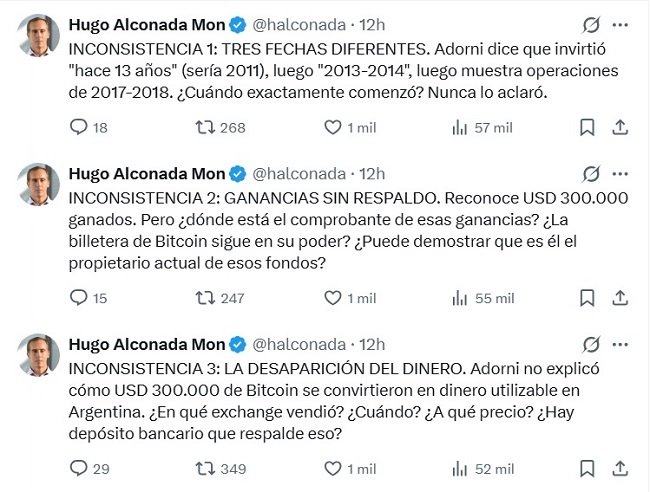 Alconada Mon: Las inconsistencias de Adorni sobre sus ahorros en Bitcoin