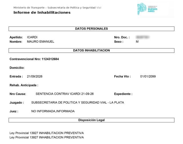 Icardi conducía con la licencia vencida: la Provincia lo inhabilitó preventivamente